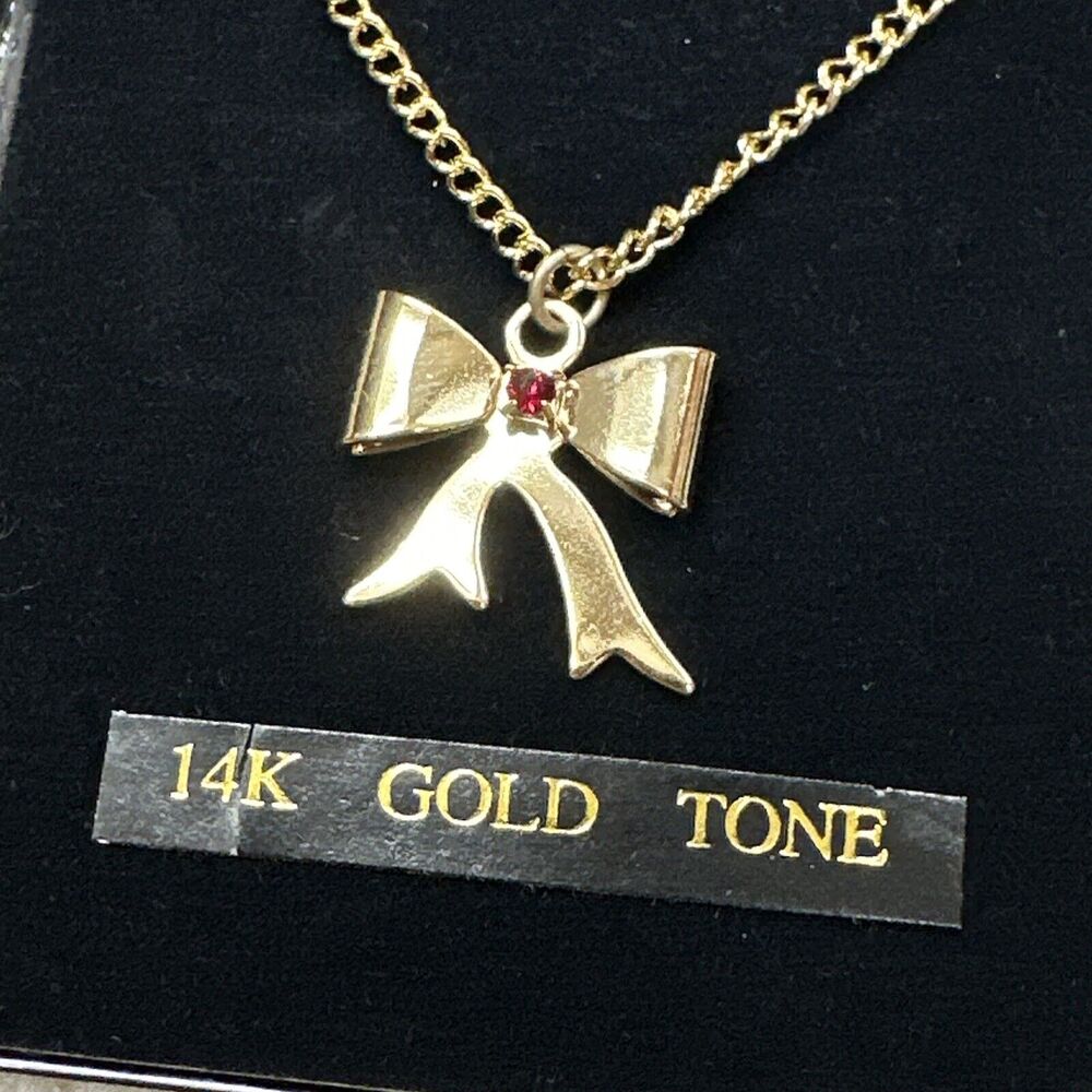 14K Gold Tone Bow Necklace Red Center Stone Costume Jewelry Vintage Inspired - Picture 2 of 5